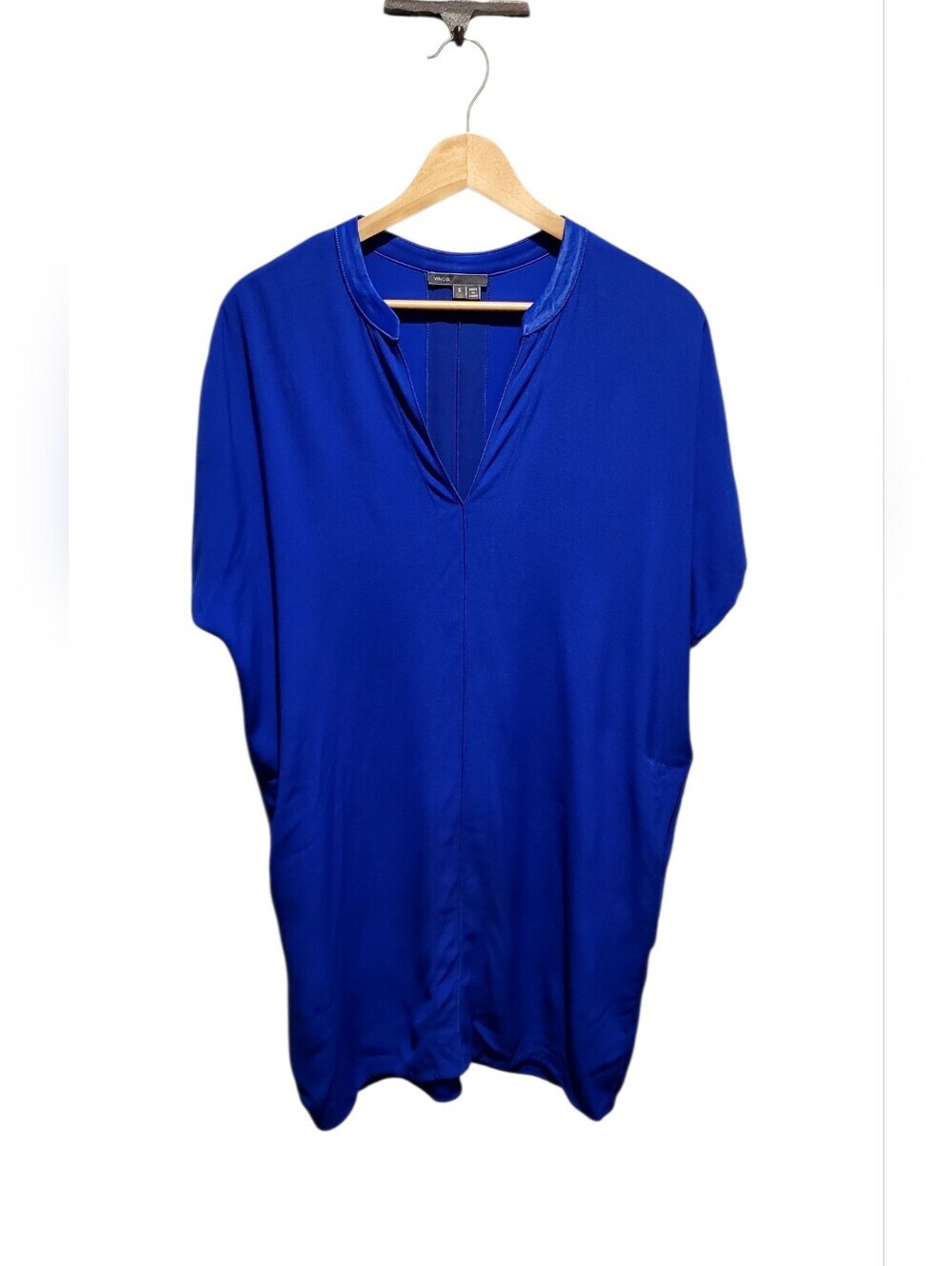 Vince Royal Blue Silk Trim Split Neck Tunic Blouse Dolman Sleeve Small